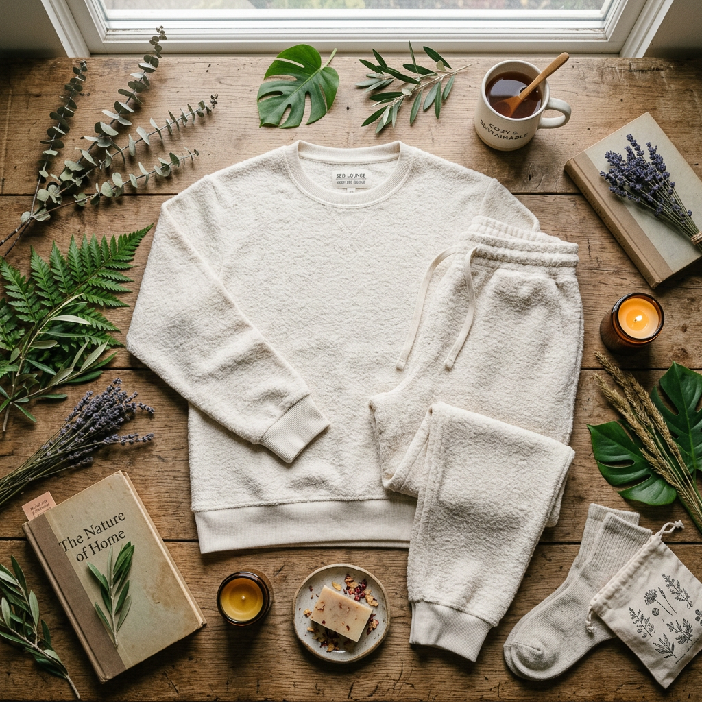 Cream textured sweatshirt and sweatpants laid flat on wood surrounded by green leaves, candles, book, soap, tea, and socks